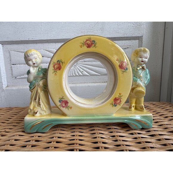 Antique 30s Porcelain Clock Case Frame Boy Girl on ends Roses Green Yellow - Picture 9 of 11